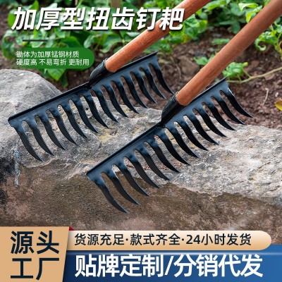 螺旋钉耙锰钢耙子农用多功能带木柄园艺淬火锰钢耙子全钢扭齿钉耙图4