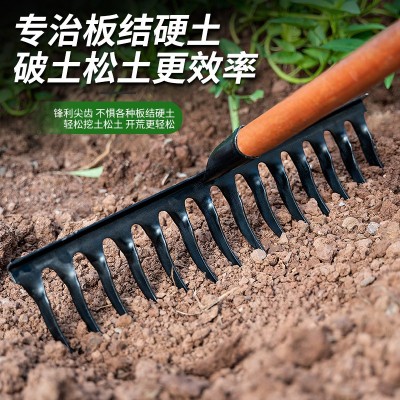 螺旋钉耙锰钢耙子农用多功能带木柄园艺淬火锰钢耙子全钢扭齿钉耙图2