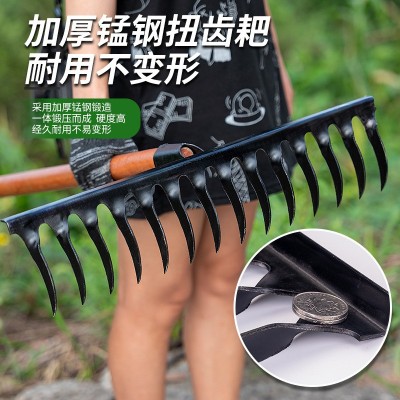 螺旋钉耙锰钢耙子农用多功能带木柄园艺淬火锰钢耙子全钢扭齿钉耙图3