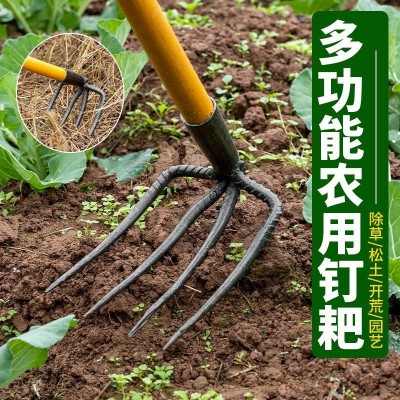 批发农用钉耙加长加厚多齿耙子除草翻地木柄二齿锄头大号抓钩耙头图2